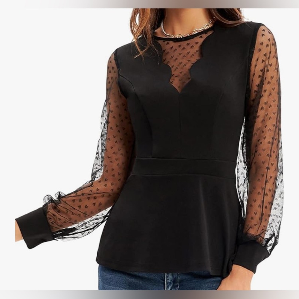 NWT Grace Karin XL black blouse Sheer Mesh Puff Long Sleeve Tops Slim Fit Peplum
